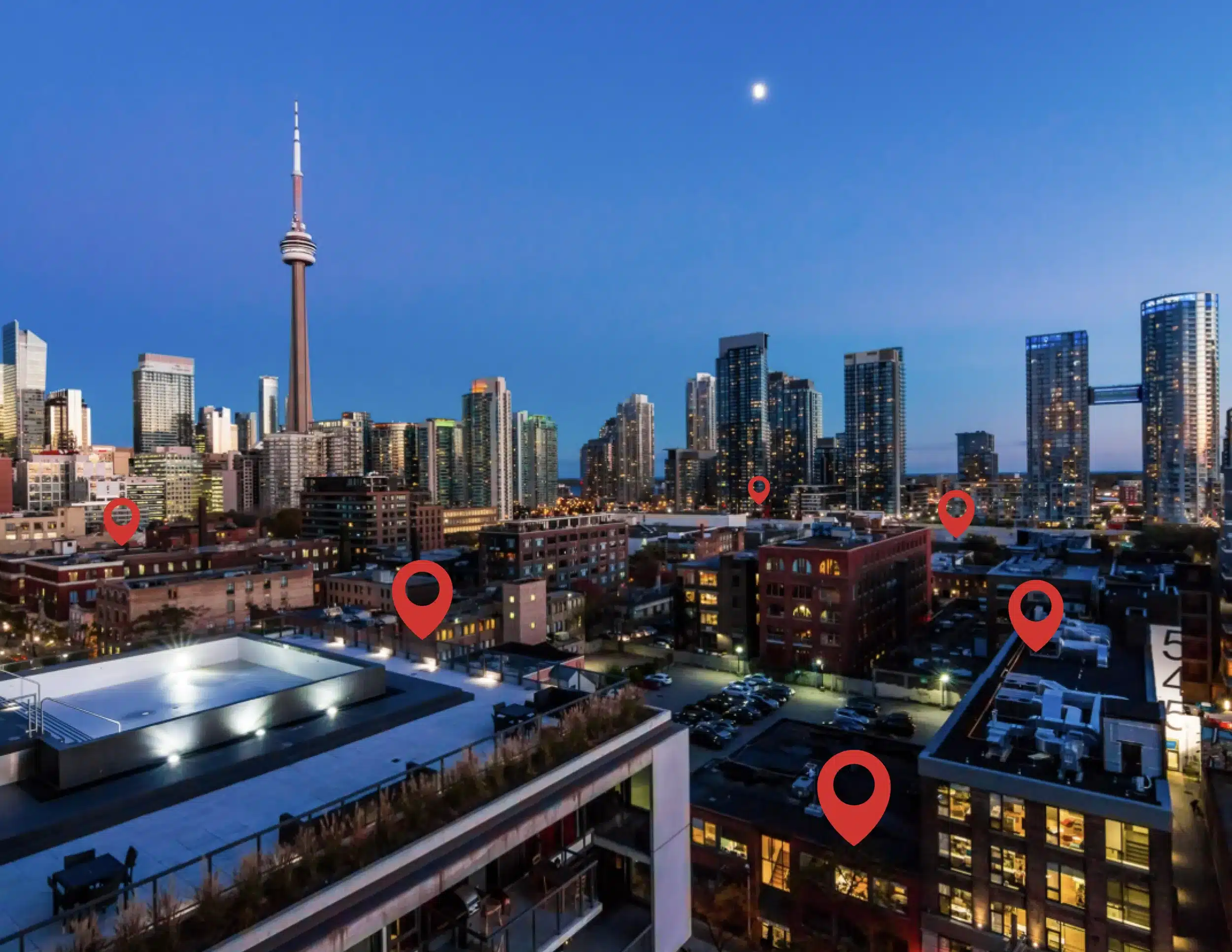Toronto skyline with location pins