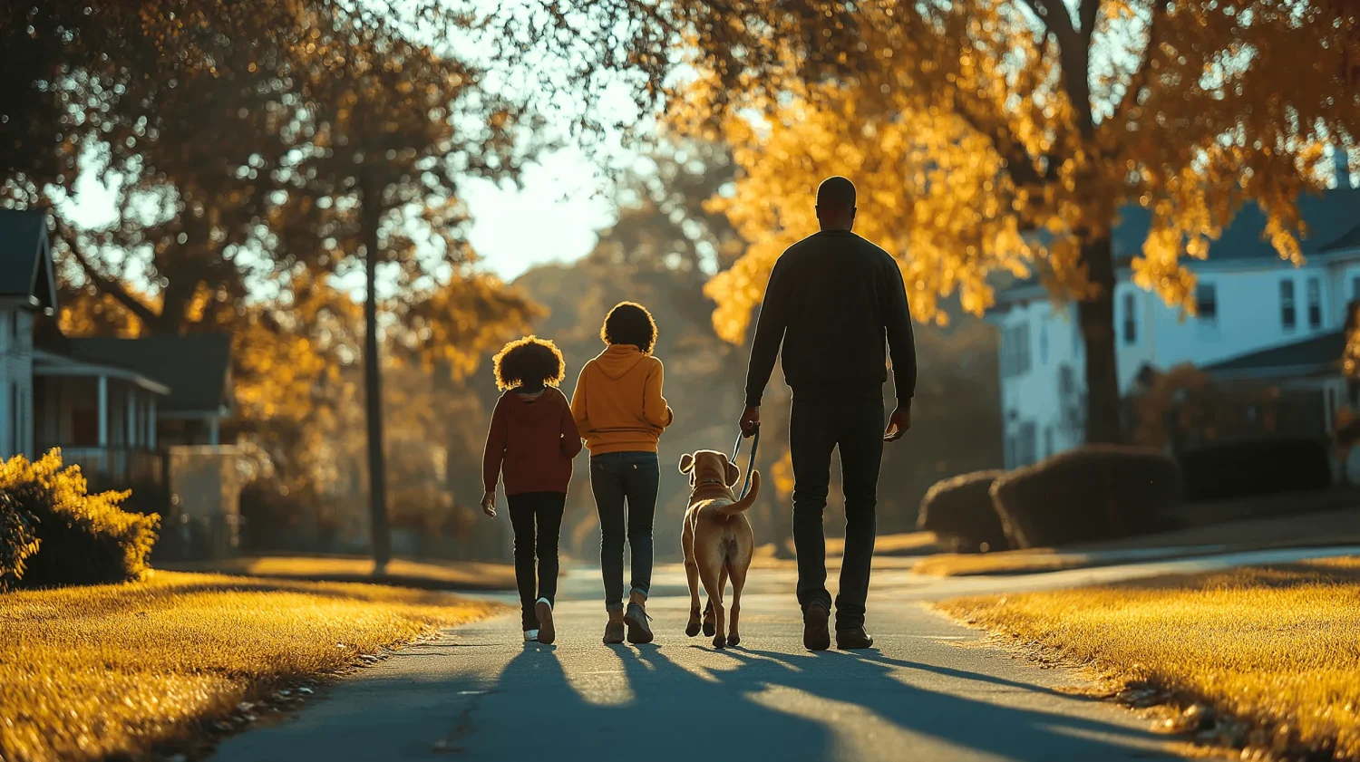 Family walking dog in autumn